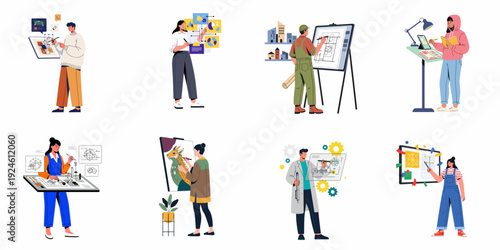 Diverse professionals creating and designing: architects, engineers, artists, and UI/UX specialists engaged in various creative and technical projects.