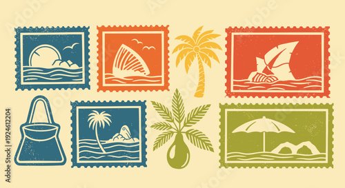 Vintage travel and vacation icons set featuring a vector postage stamp pattern with a floral border frame and winter holiday illustration for an art decoration paper post card design collection