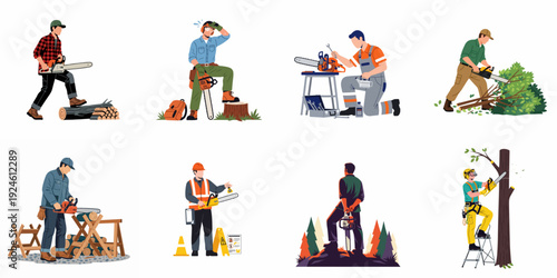 Set of illustrations depicting lumberjacks and arborists performing tree cutting, wood processing, and chainsaw maintenance tasks.