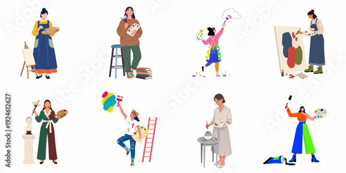 Diverse female artists engaging in various forms of painting and artistic creation, showcasing creativity, passion, and different artistic styles with brushes and palettes.