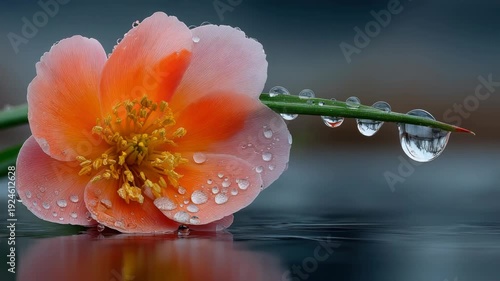 Wallpaper Mural Close-up of a vibrant orange and pink flower with water droplets and reflection Torontodigital.ca