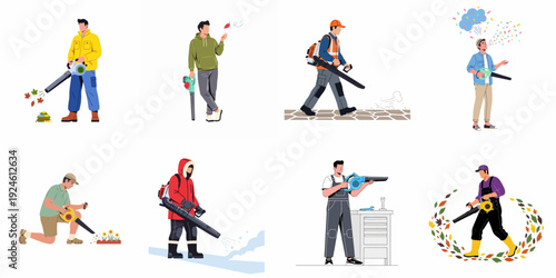 Illustrations of people using leaf blowers for various seasonal tasks including garden clean-up, snow removal, and yard maintenance.