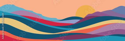 Abstract Landscape with Wavy Mountains and a Setting Sun in Warm Tones hills waves
