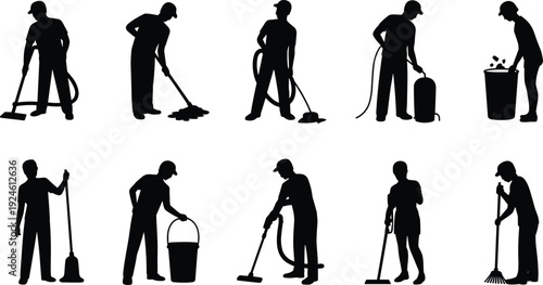Cleaning worker silhouettes with vacuum mop and bucket, janitor service isolated on white background housekeeping maintenance concept