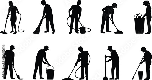 Cleaning service worker silhouettes with vacuum mop and bucket isolated on white background housekeeping sanitation concept