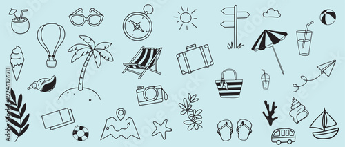 "Hand Drawn Summer Travel Doodle Set – Vacation Trip Icons with Sun, Beach Tent, Travel Bag and Tourism Concept Vector Collection"