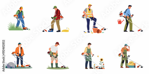Illustrations of Diverse Men Operating String Trimmers for Lawn and Garden Care, Performing Various Landscaping and Maintenance Tasks
