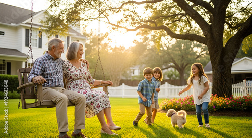 Happy elderly couple sitting on porch swing observing kids and a dog