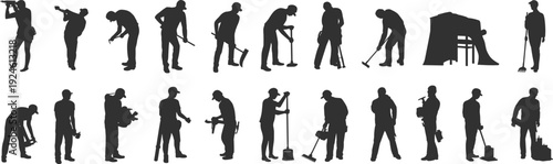Construction and maintenance worker silhouettes set, professional builders and repair service poses isolated on white background illustration collection