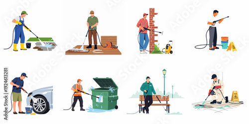 A comprehensive illustration of pressure washing applications: professionals and individuals cleaning cars, patios, walls, and outdoor surfaces with high-pressure cleaners.