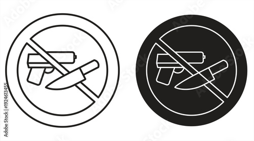 "No Firearms or Knives Allowed" icon, symbol with silhouette of gun and knife on white background, vector illustration. 