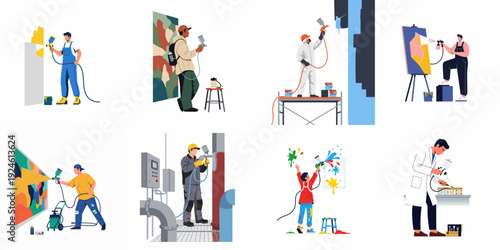 Diverse applications of spray painting and airbrushing across art, renovation, industrial work, and creative projects, showcasing various professionals and enthusiasts.