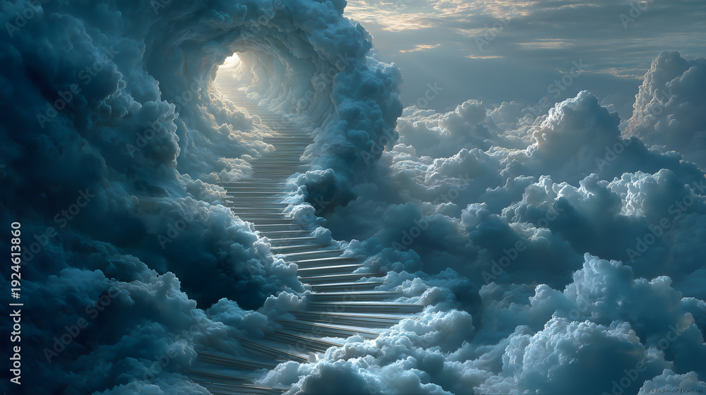 Naklejka premium Low Angle View of Infinite Helical Stairway to Heaven Symbolizing Growth and Future Possibilities 
