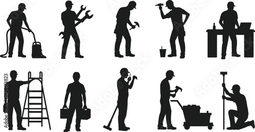 Construction worker silhouettes with tools and equipment set, builders and technicians isolated on white background industry labor concept