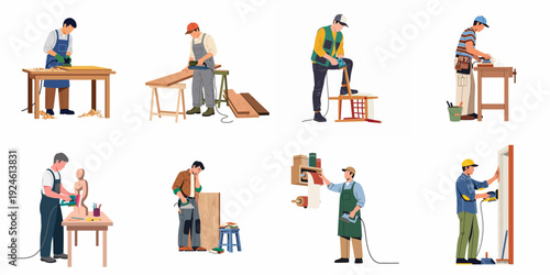 Various woodworkers and carpenters sanding wood and furniture pieces, using diverse electric sanders in their workshops, demonstrating craftsmanship and detail.