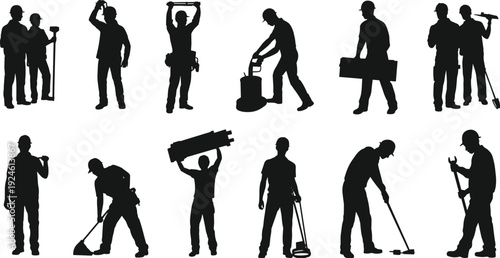Construction workers silhouettes set, industrial laborers with tools, builder team isolated on white background, engineering workforce concept illustration manual labor industry equipment