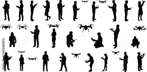 Drone operator silhouettes set, people flying quadcopter with remote controller isolated on white background, modern aerial technology illustration collection