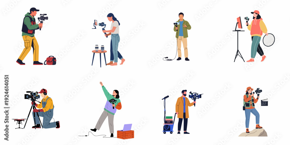 Fototapeta premium Diverse videographers and content creators utilizing professional cameras, gimbals, and various film equipment for dynamic video production and media projects.