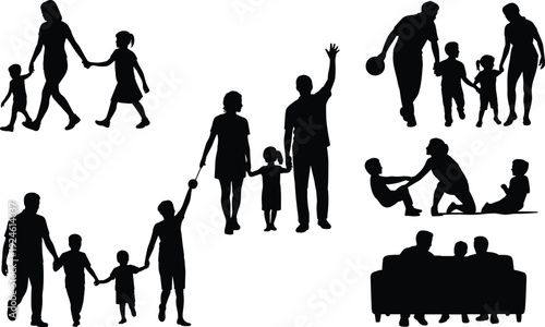 Family silhouettes collection parents and children walking playing sitting together isolated on white background happy family lifestyle illustration set