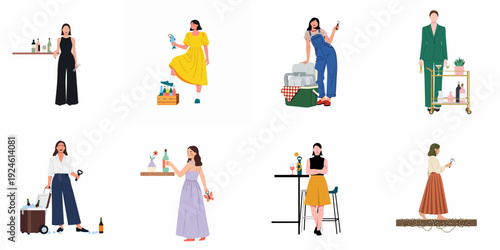 Diverse women illustrations enjoying beverages, opening bottles with various openers, showcasing leisure, party, and social event themes in different settings.