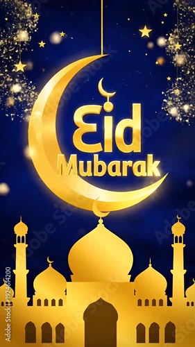Golden Eid Mubarak Crescent Moon Mosques Stars Night Sky Motion Graphic Loop
