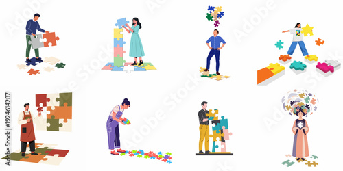 Diverse individuals engage with colorful puzzle pieces, representing challenges, innovation, and unity in problem-solving and building concepts.
