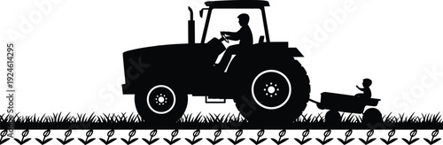 Farmer driving tractor silhouette with child in trailer, agricultural field work isolated on white background rural farming concept