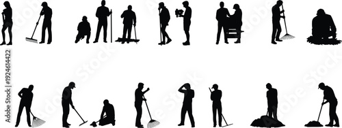 Gardener and cleaning worker silhouettes set, landscaping and maintenance service poses collection isolated on white background, professional outdoor labor illustration