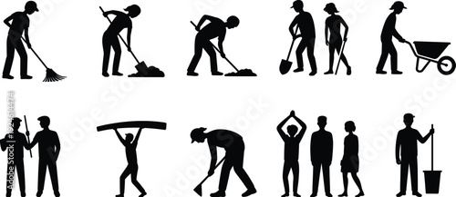 Gardener and worker silhouettes set isolated on white background, people cleaning, digging and carrying tools outdoor maintenance concept