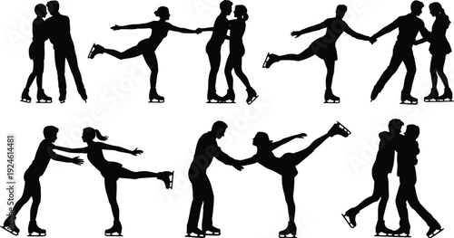 Figure skating couple silhouettes performing lifts and spins, ice dancers isolated on white background winter sport romance concept