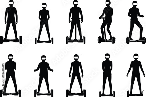 Hoverboard rider silhouettes set isolated on white background, personal electric transport scooter users collection modern urban mobility concept