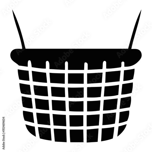 A black and white illustration of an empty shopping basket with handles on a white background, symbolizing commerce and retail