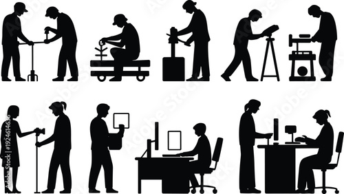 Industrial workers silhouettes operating machinery and office equipment, technicians and operators isolated on white background manufacturing technology concept