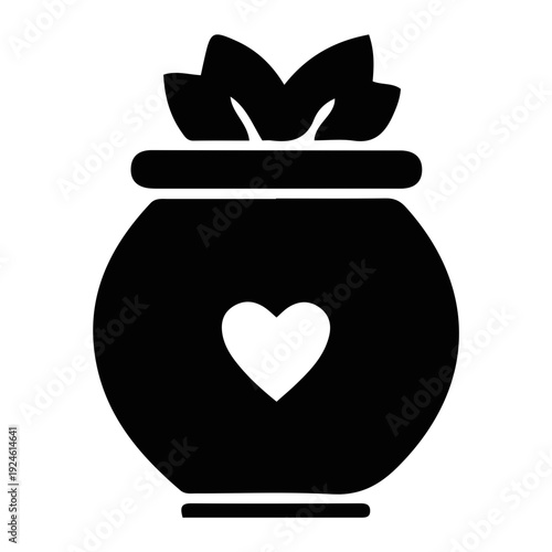Abstract black silhouette icon depicting a charming pot or gift bag brimming with love, featuring a prominent heart symbol, ideal for romantic, celebratory, or heartfelt graphic designs
