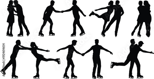 Ice skating couple silhouettes performing on rink, figure skaters dancing and holding hands isolated on white background winter sport concept