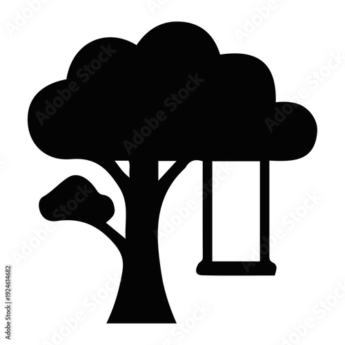 Silhouette of a tree with a swing hanging from one of its branches, evoking childhood memories and outdoor recreation