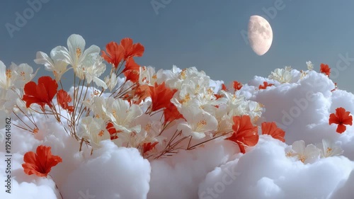 Wallpaper Mural Dreamy surreal scene with red & white flowers floating on clouds, and a moon Torontodigital.ca