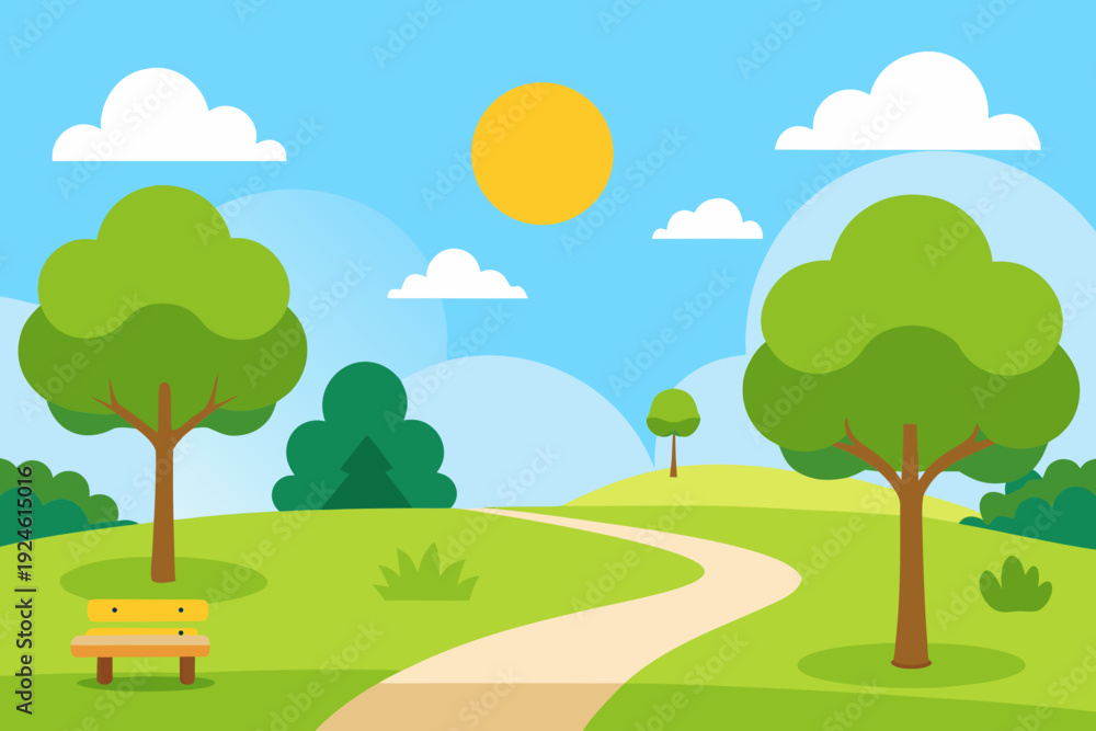 Obraz premium Sunny Summer Park Illustration with Green Lawn and Trees