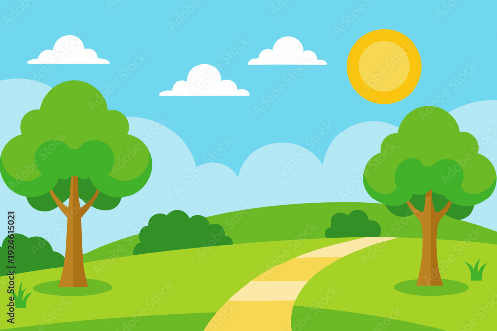 Obraz premium Sunny Summer Park Illustration with Green Lawn and Trees