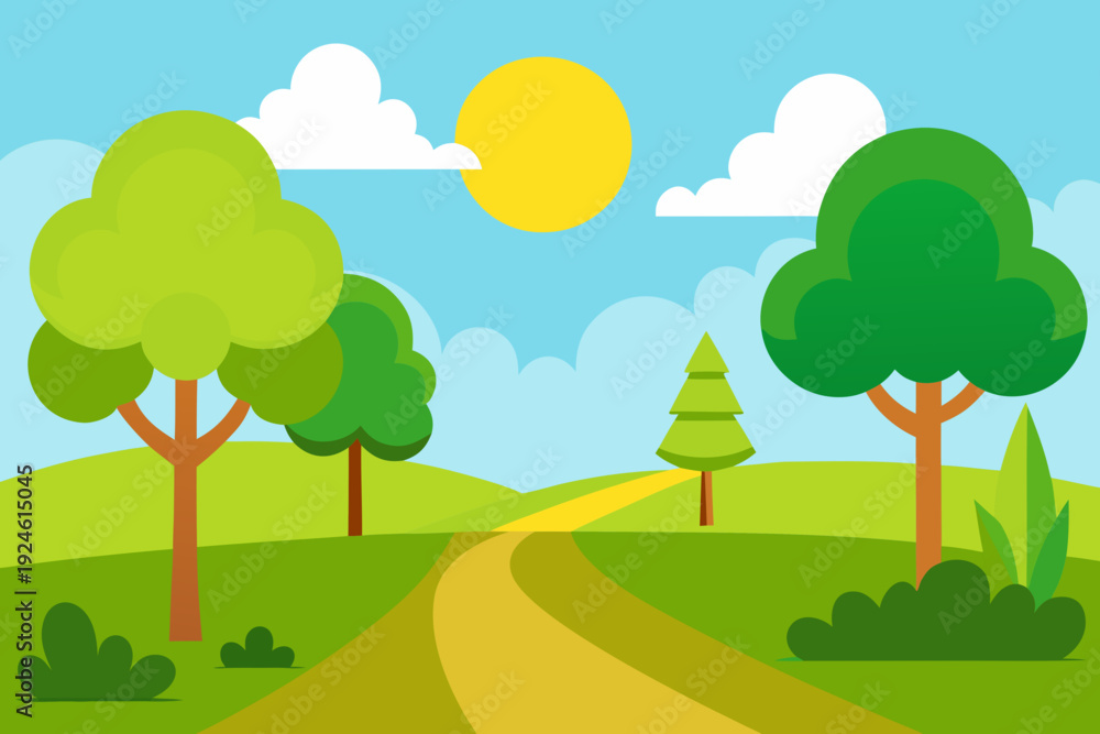 Obraz premium Sunny Summer Park Illustration with Green Lawn and Trees 