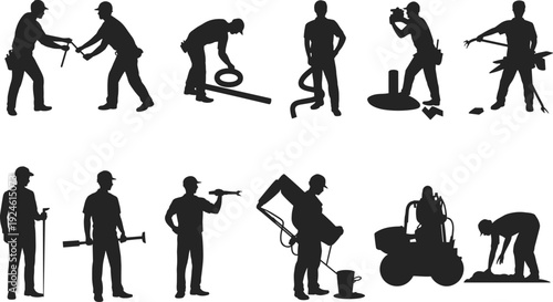 Road construction worker silhouettes set, asphalt paving and maintenance labor poses collection isolated on white background, industrial infrastructure illustration