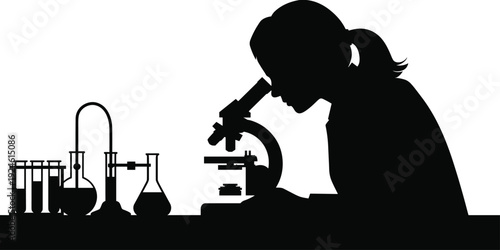Scientist woman using microscope in laboratory silhouette, female researcher analyzing samples isolated on white background medical science concept
