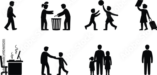 Set of daily life people silhouettes, family, office worker, children playing, cleaning and travel isolated on white background vector illustration