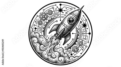Vintage Rocket Launch with Gears and Circuitry - Engraved Black and White Tech Innovation Icon