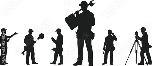Silhouette construction workers team with tools, engineer surveyor measuring equipment isolated on white background industrial labor concept safety helmet architecture workforce industry