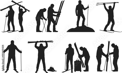 Skiers silhouettes carrying skis and poles, winter sport athletes isolated on white background skiing activity concept