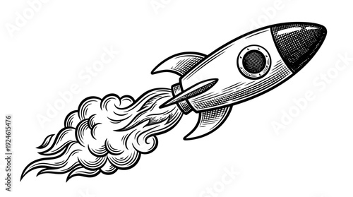 Vintage Engraved Rocket Launching with Smoke - Startup Success, Business Growth & Space Exploration Icon