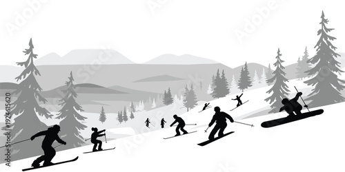 Winter Sports Silhouettes Skiing and Snowboarding on Mountain Slope with Pine Forest Landscape, Adventure Tourism, Outdoor Recreation, Snowy Alpine Scene Illustration