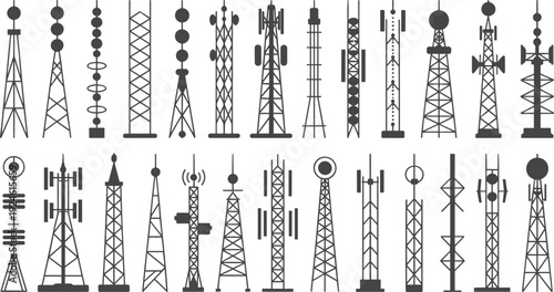 Telecommunication towers silhouettes collection, wireless antenna masts and radio transmission structures isolated on white background technology network concept