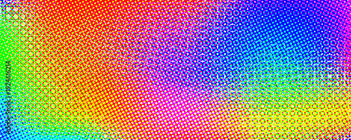 Colorful vivid halftone gradient background. Dotted iridescent rainbow half tone gradation texture. Abstract pixelated multicolored wallpaper. Colour dotty bitmap style backdrop concept. Vector
